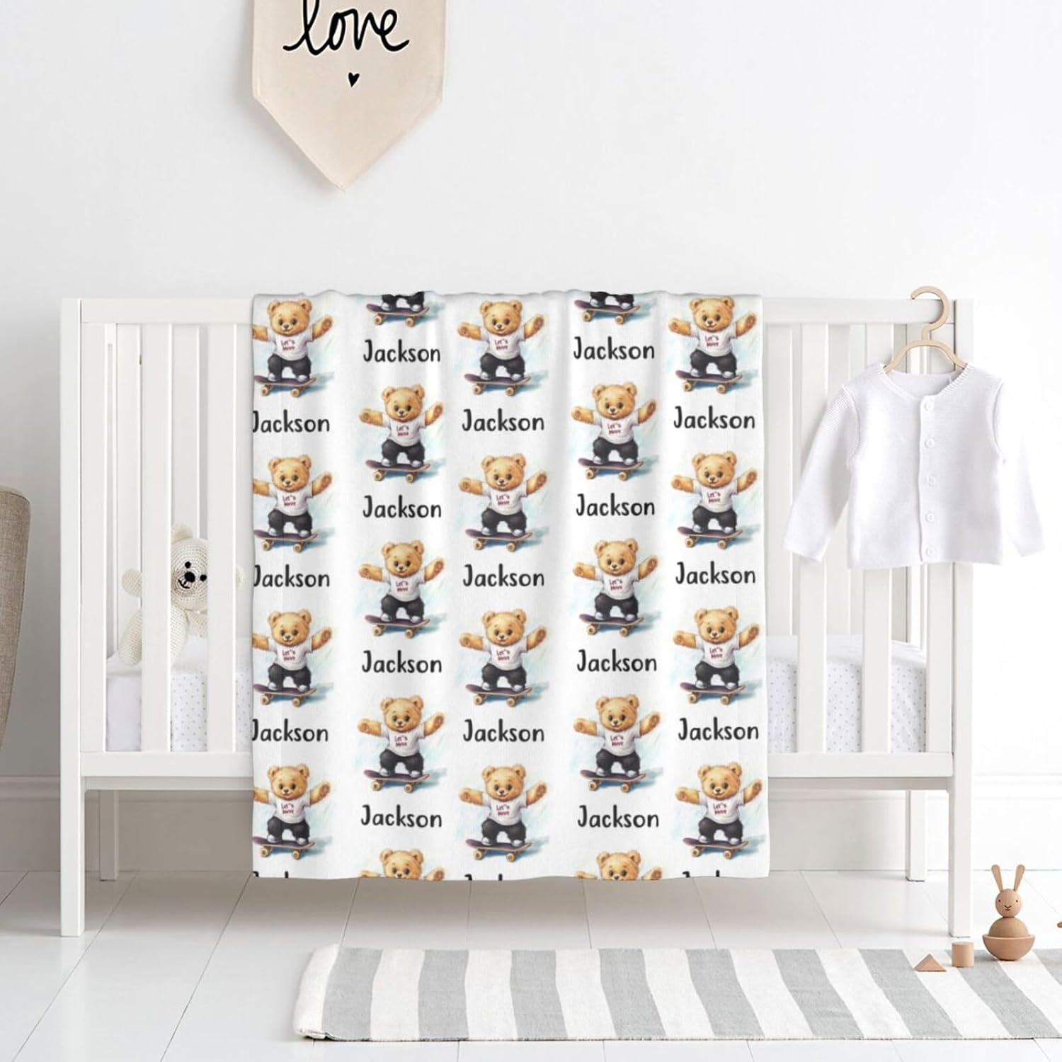 Personalized Bear Baby Blanket with Custom Name for Boys