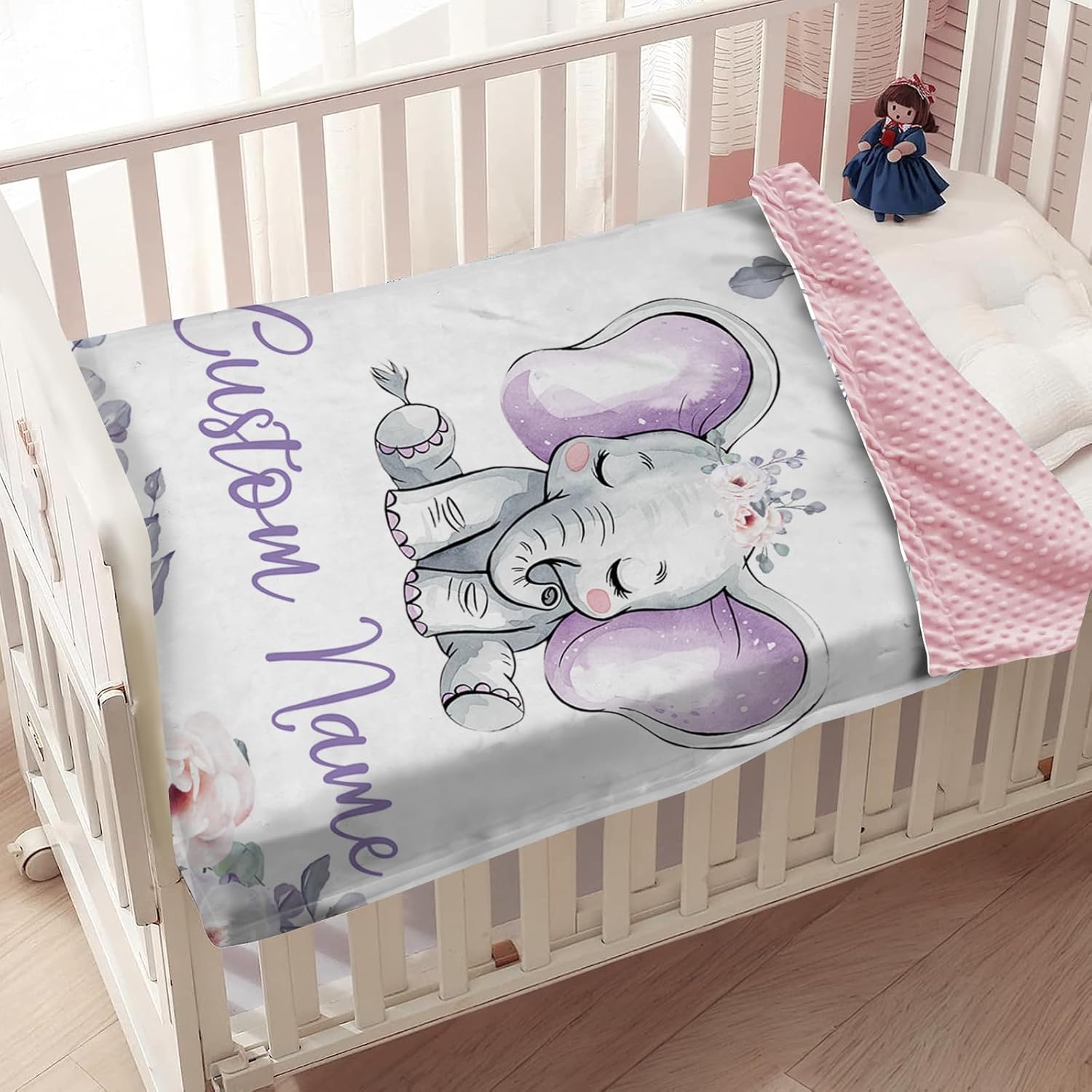 Custom Baby Blanket with Name Purple Elephant Double Layer Dotted Swaddle Blanket