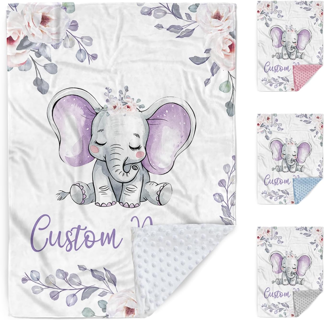 Custom Baby Blanket with Name Purple Elephant Double Layer Dotted Swaddle Blanket