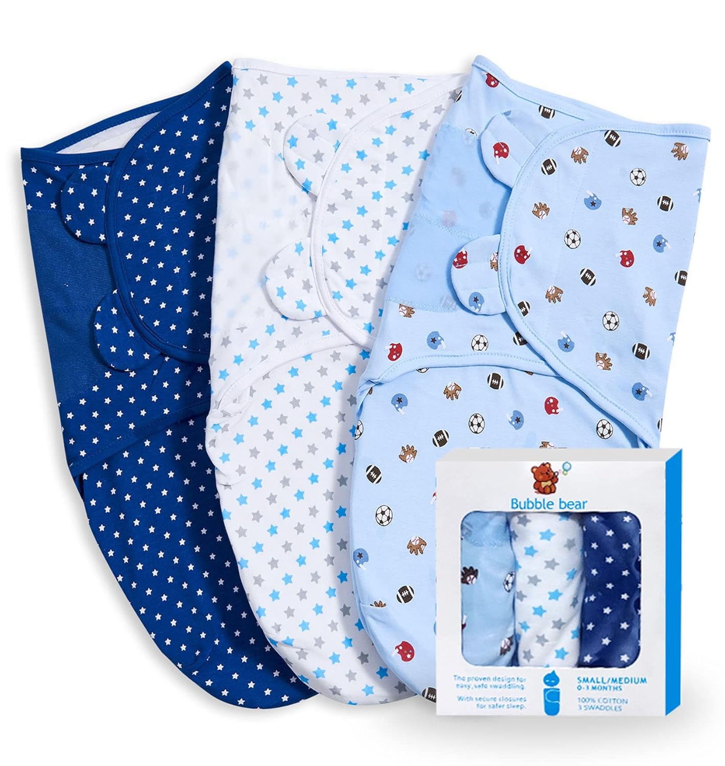 Bubble Bear 3 Pack Baby Swaddle 0-3 Months Blue
