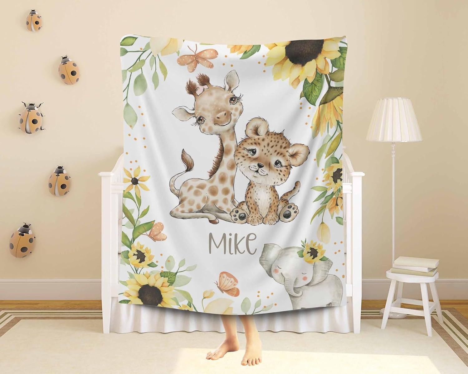 Customized Name Baby Blanket with Wild Animals and Flowers