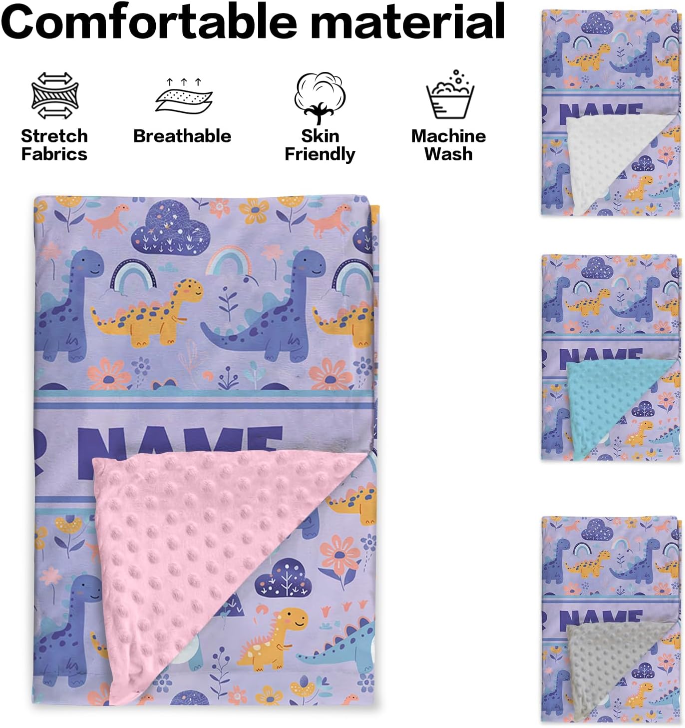 Personalized Baby Blanket for Girls with Purple Dinosaur Pattern