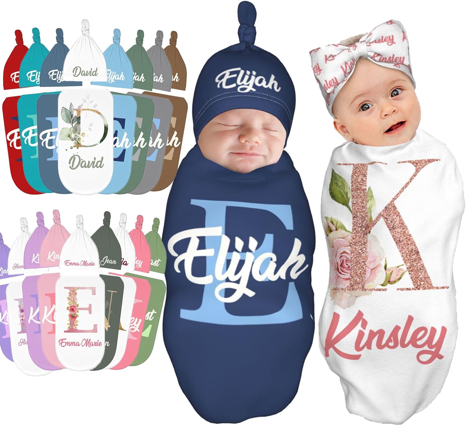 Personalized Baby Swaddle Blanket with Crib Hat - Initial Style
