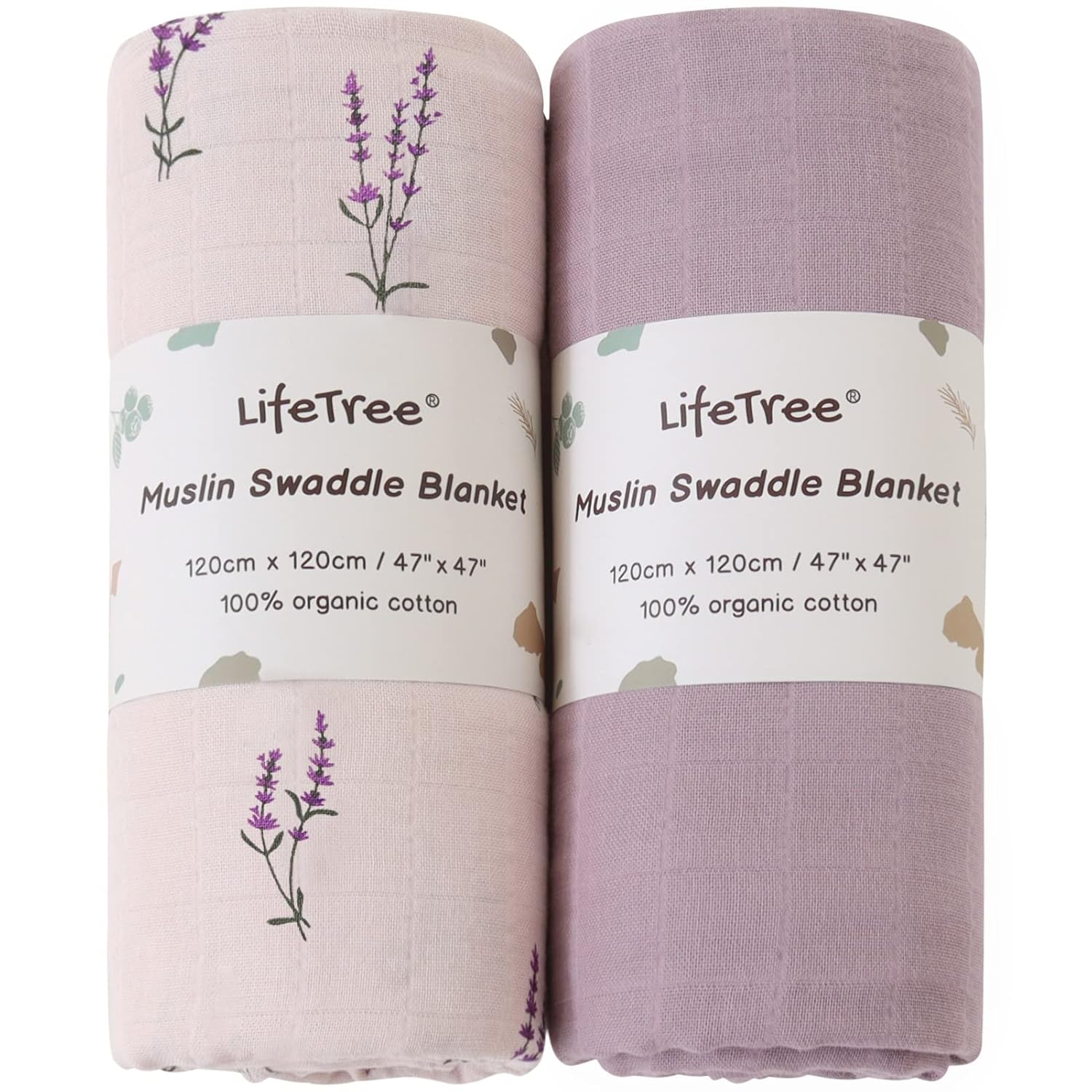 LifeTree Organic Muslin Swaddle Blanket for Newborn Lavender Mauve