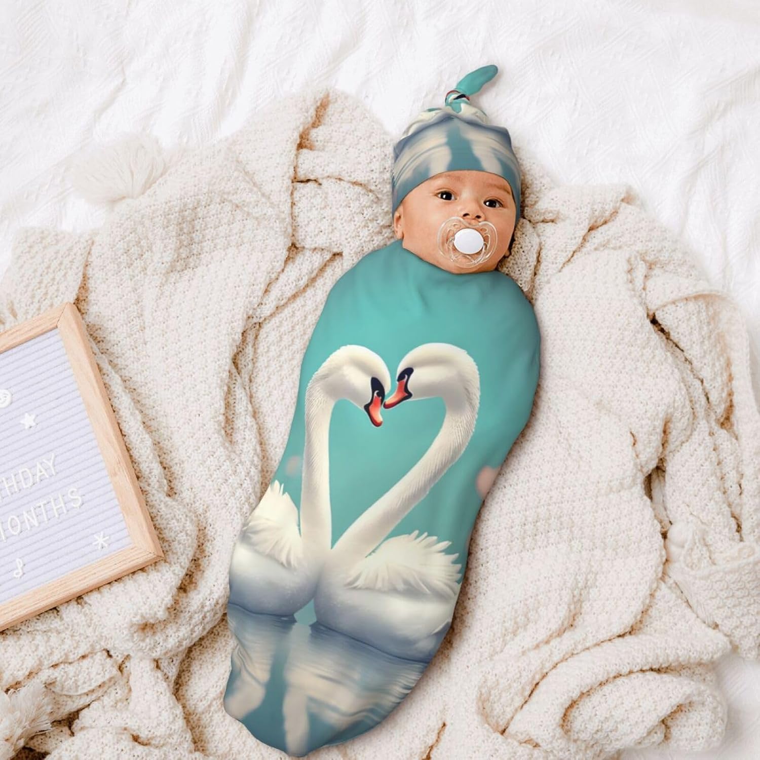 LiuMng Love Print Newborn Swaddle with Beanie Set