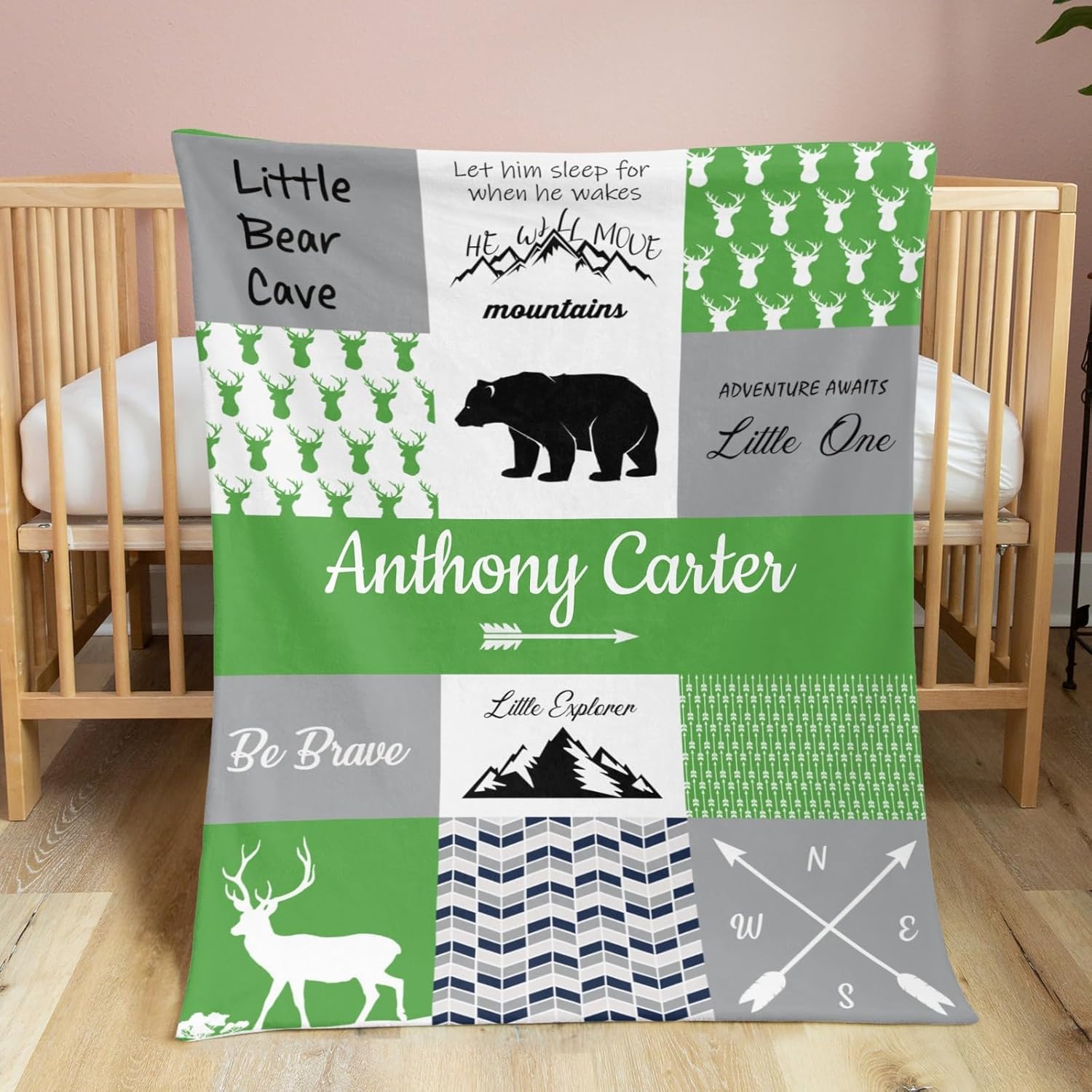 Personalized Baby Blanket with Name for Boys - Green Woodland