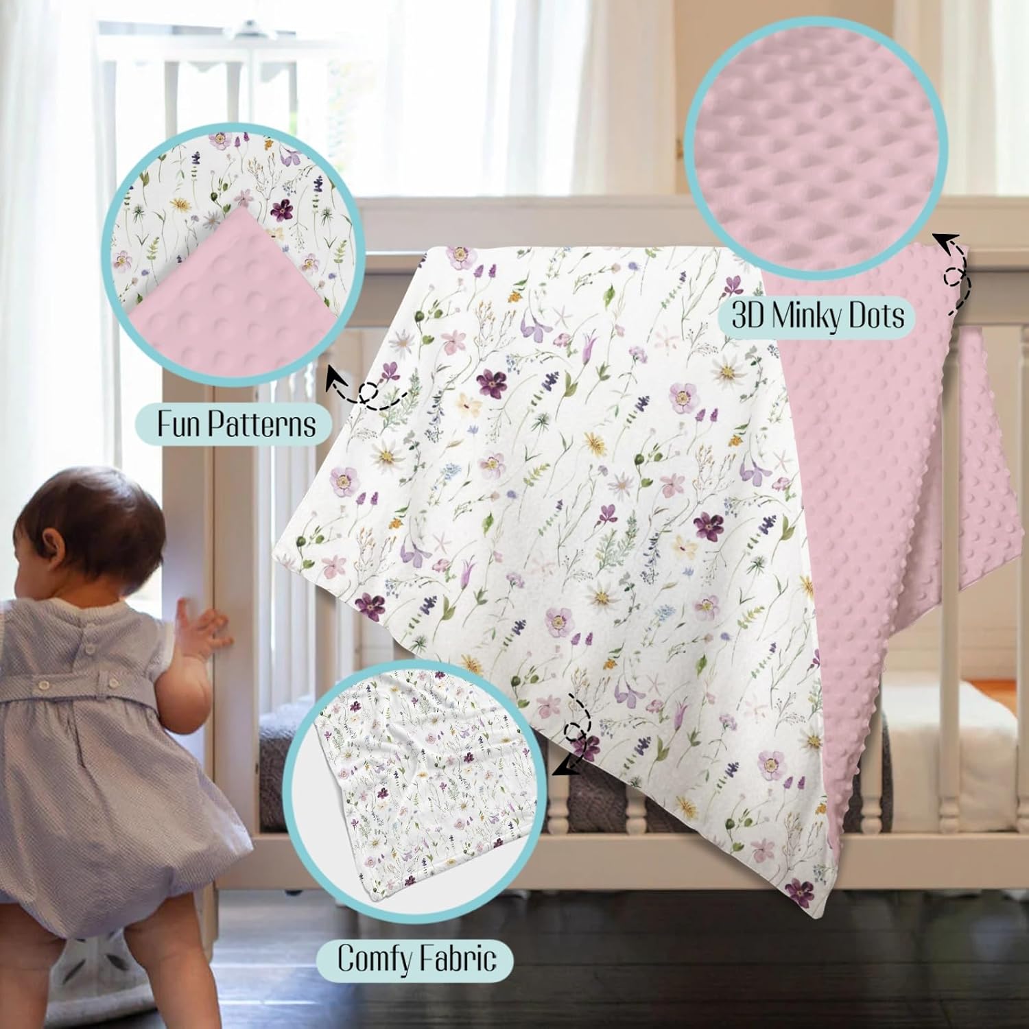 Mink Baby Blanket Pink Purple Floral - 30 x 40 Inches