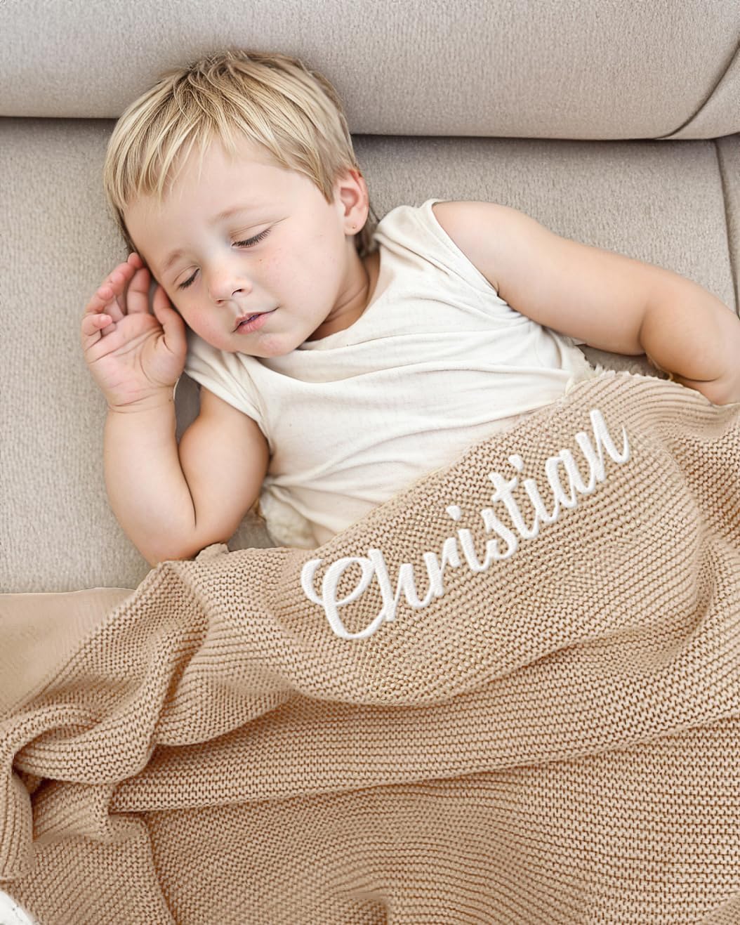 Personalized Knit Baby Name Blanket - Custom Embroidered Camel