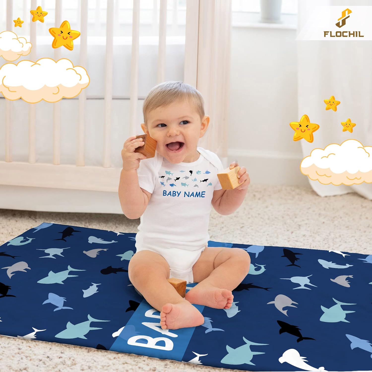 FLOCHIL Personalized Baby Blanket with Name and Elephants