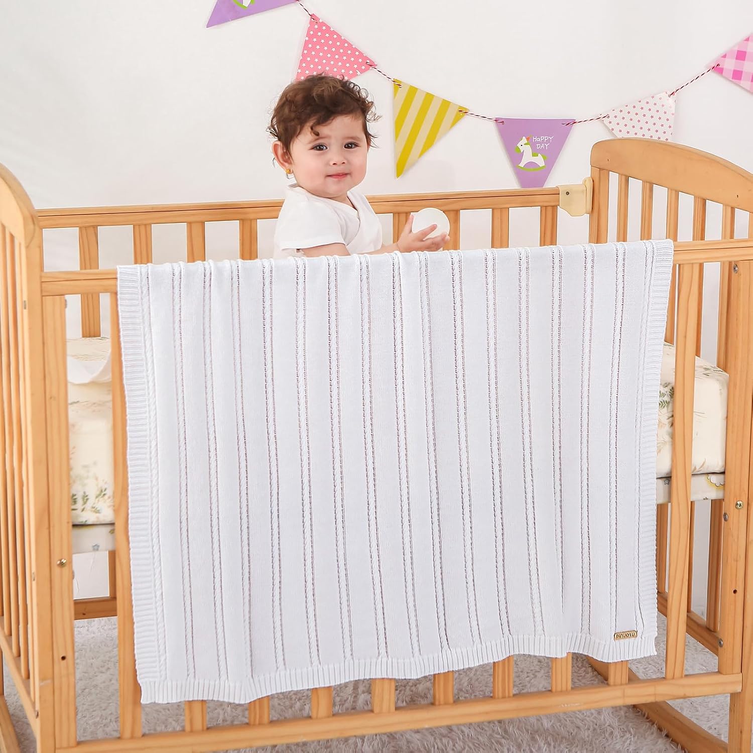 Baby Blanket Cable Knit Cotton Swaddle Neutral White Beige