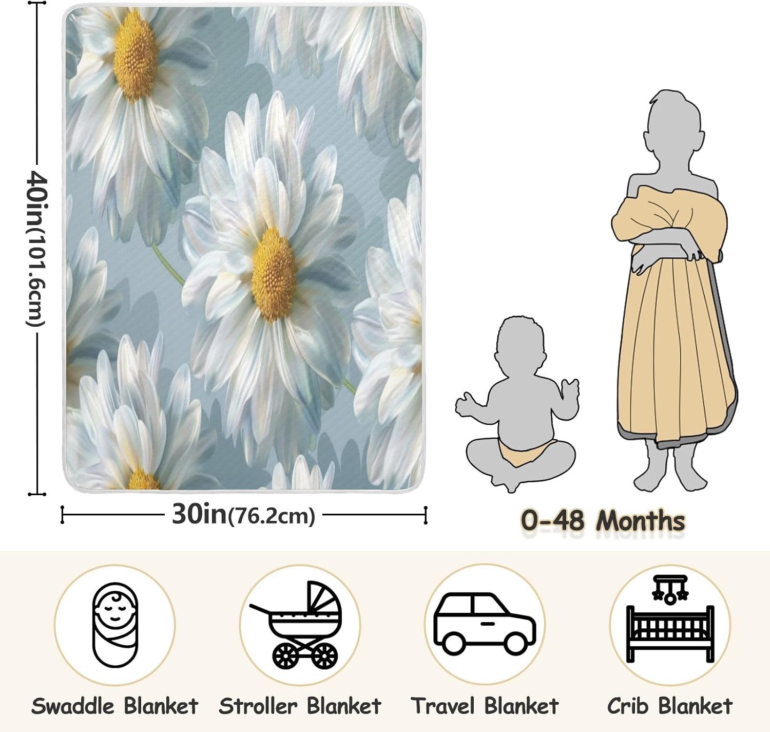 Super Soft Baby Blanket with White Flowers for Boys Girls