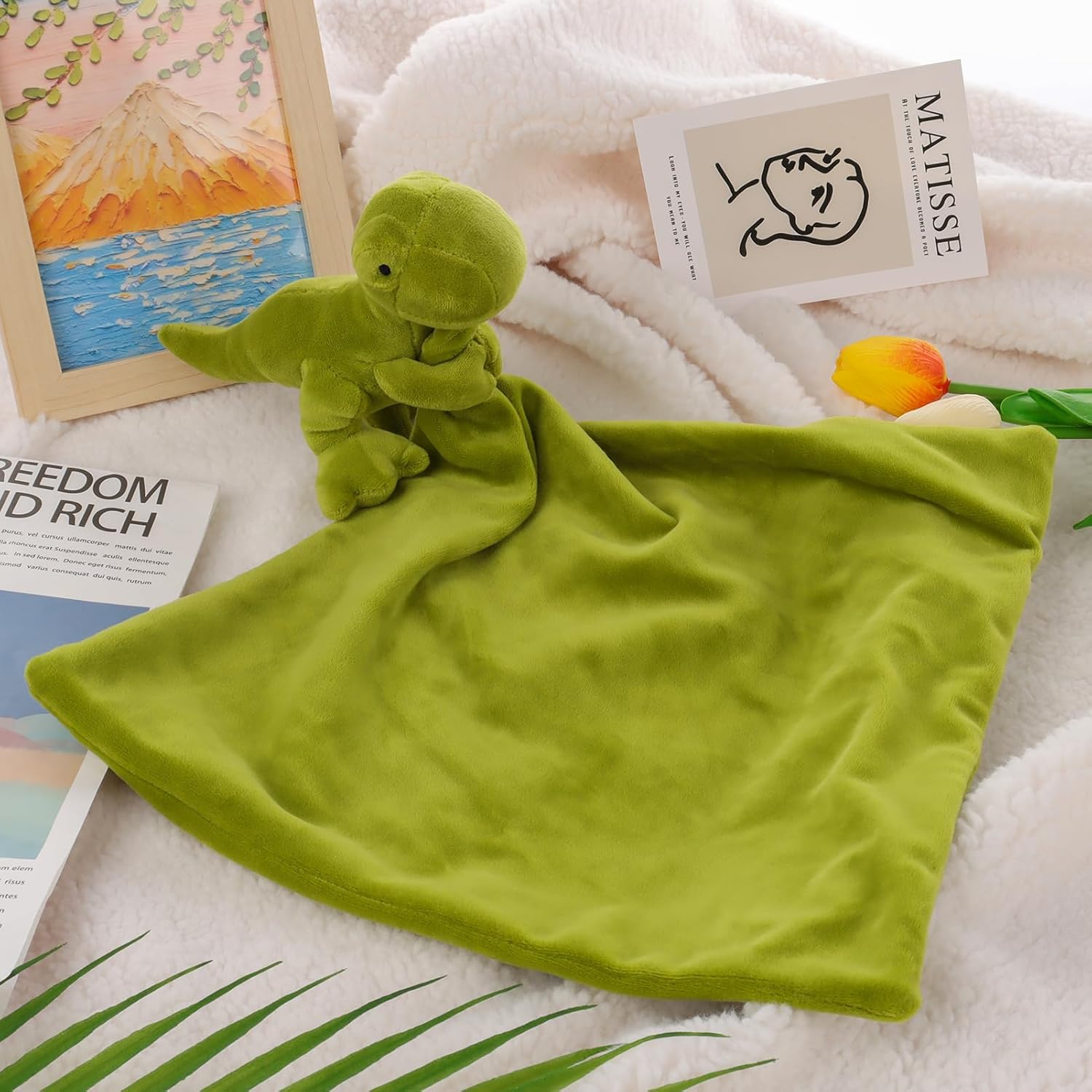 Apricot Lamb Green Dinosaur Security Blanket 13 Inches