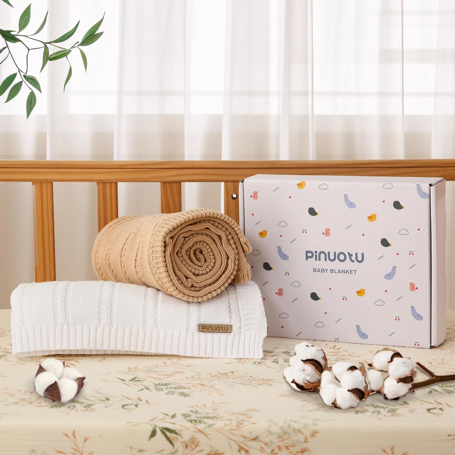 Baby Blanket Cable Knit Cotton Swaddle Neutral White Beige