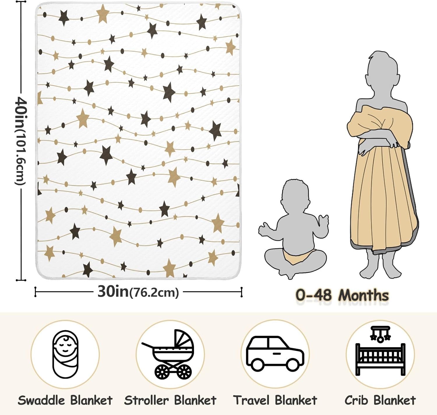 BOESI Black and Gold Striped Stars Baby Blanket