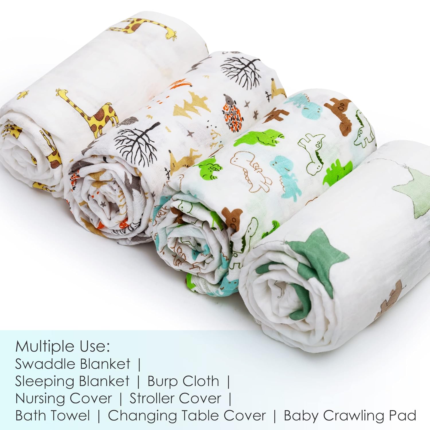 upsimples Swaddle Blanket Set of 4 - Fox Elephant Giraffe Dinosaur