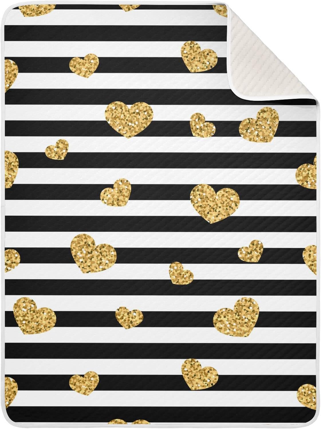 Pigsaly Black White Stripes Toddler Blanket 30x40in Gold Heart Glitter