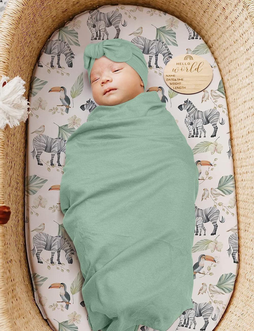 ZURLEFY Stretchy Swaddle Blanket with Matching Headband and Hat Set