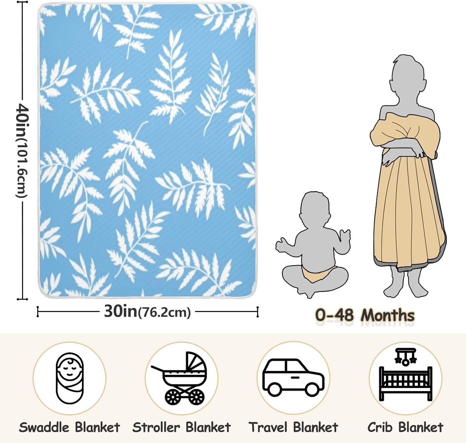 YJMYDDZ Baby Blanket with White Leaves 30x40 Inch Soft Breathable Nursery Bed Blanket