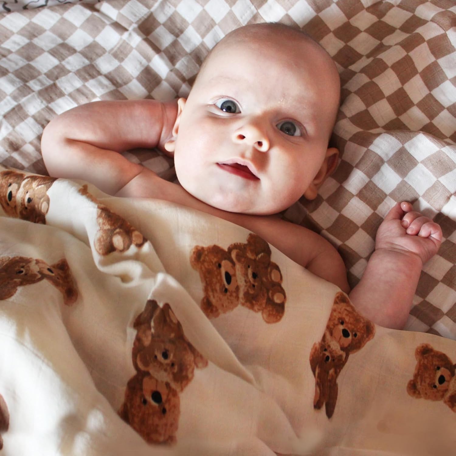 LifeTree Muslin Swaddle Blanket Bear Checkered Design 47x47 Inches