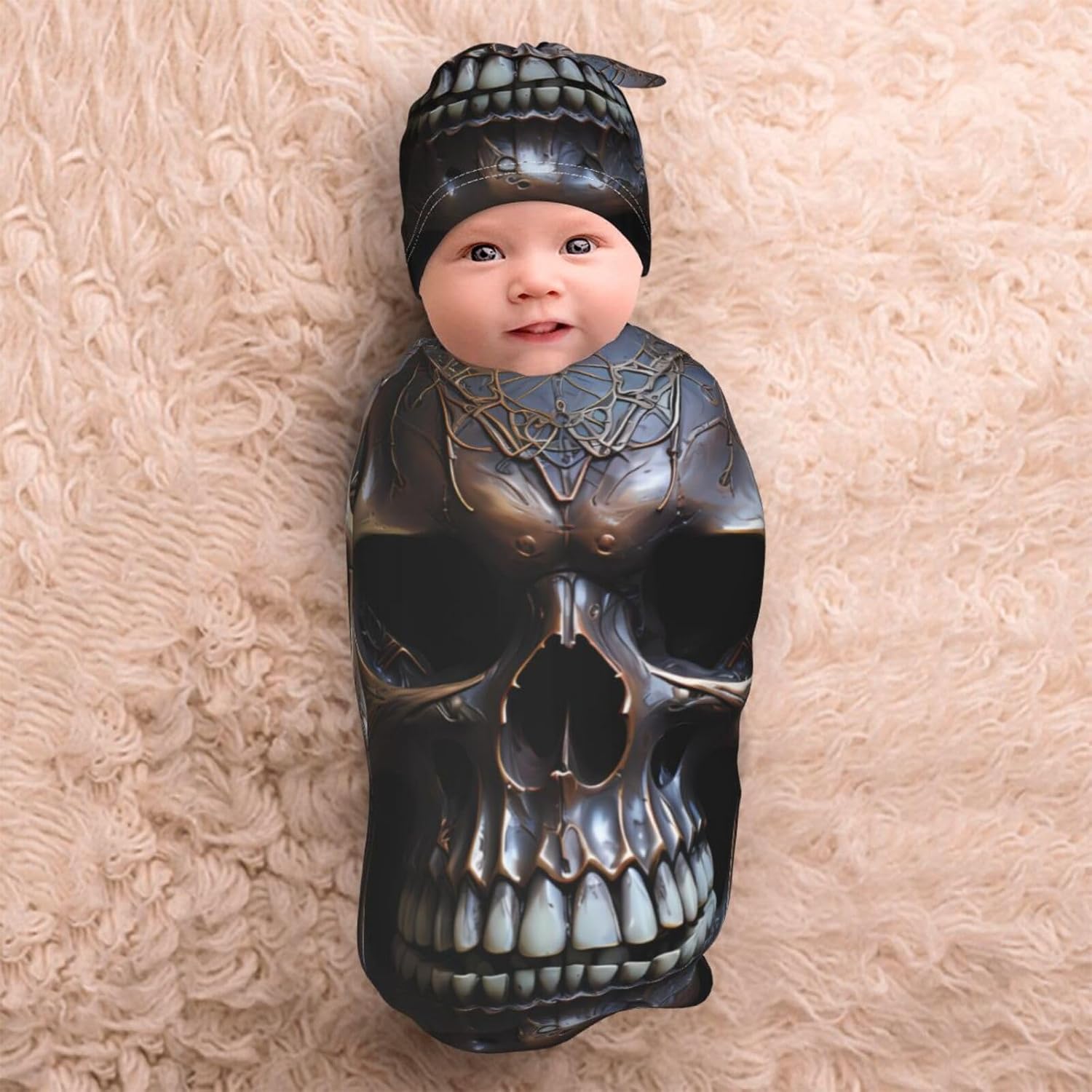 Copper Skull Print Newborn Swaddle Blanket Set with Beanie
