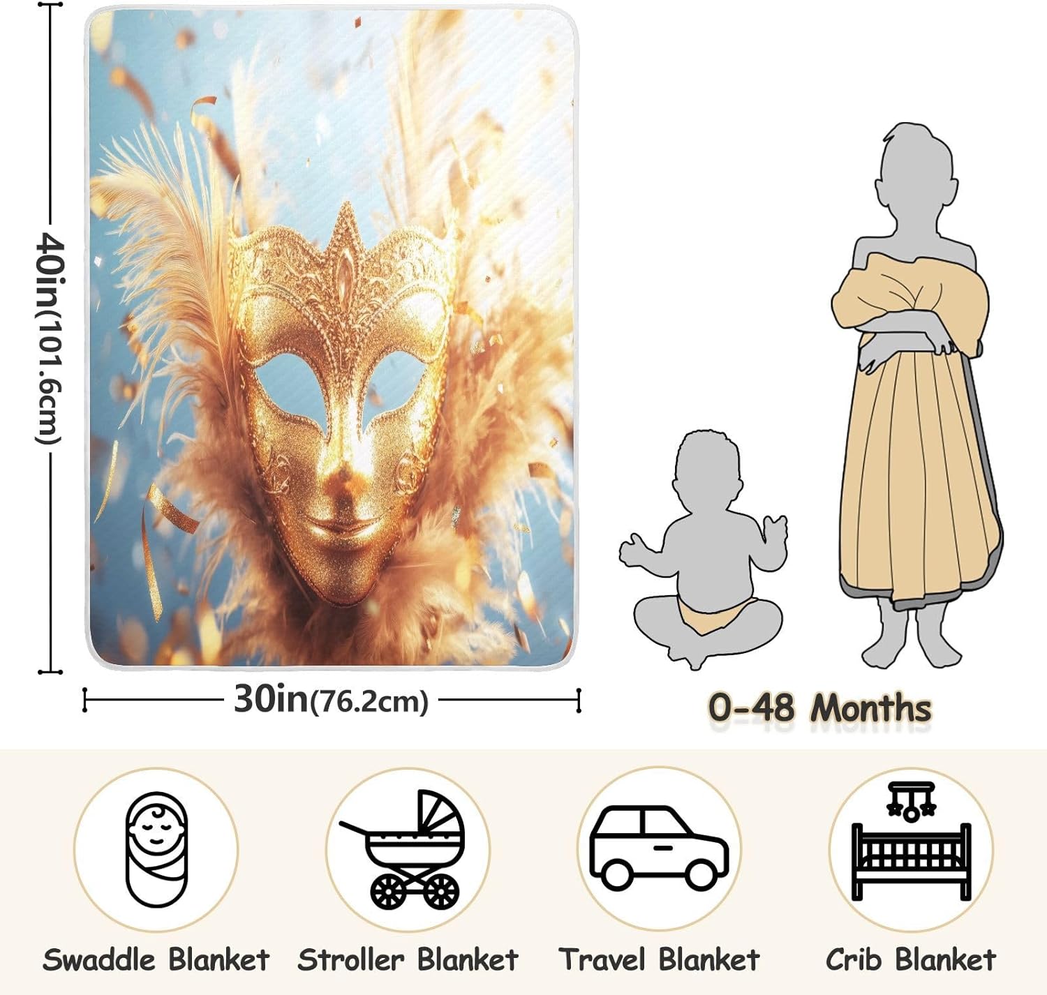 Burbuja Mardi Gras Gold Mask Baby Blanket for Boys Girls