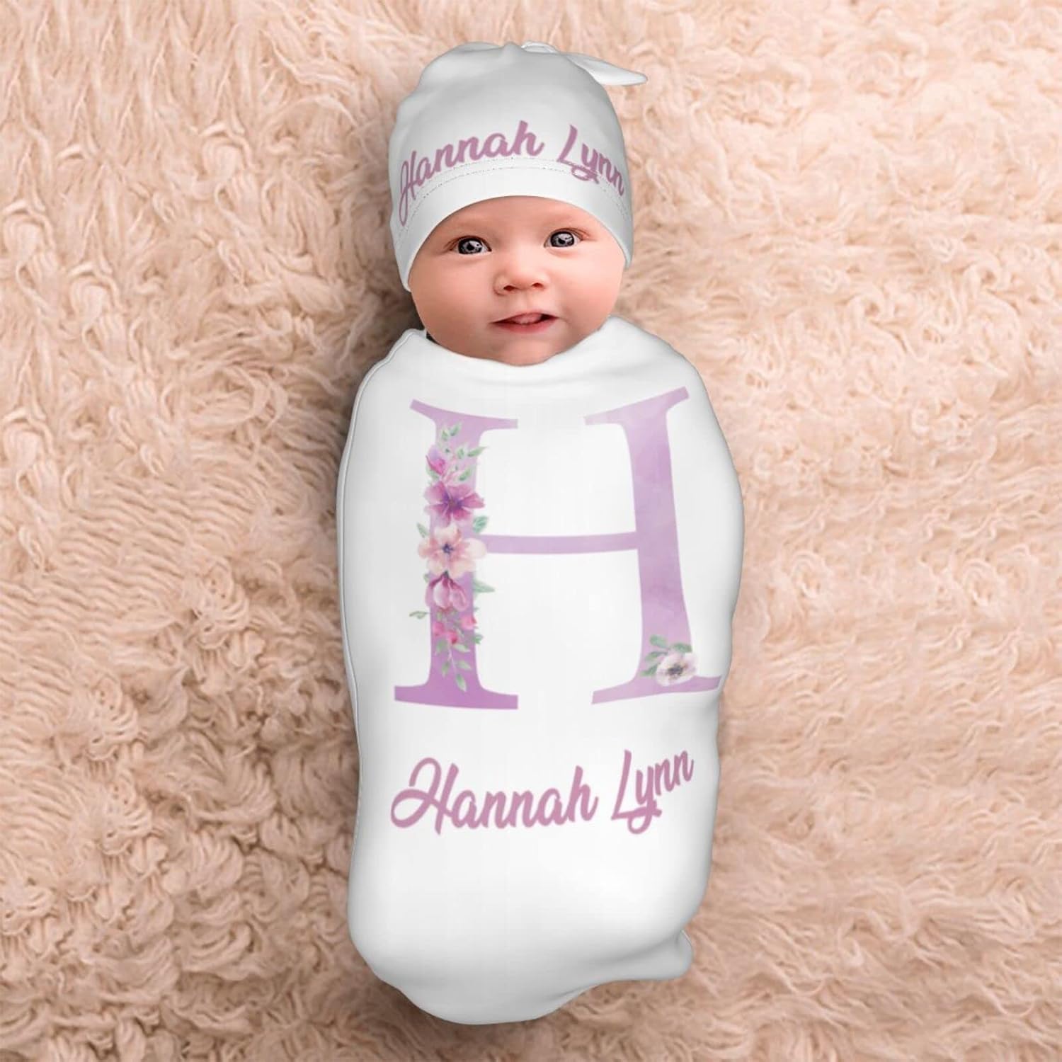 Personalized Baby Swaddle Blanket with Crib Hat - Initial Style