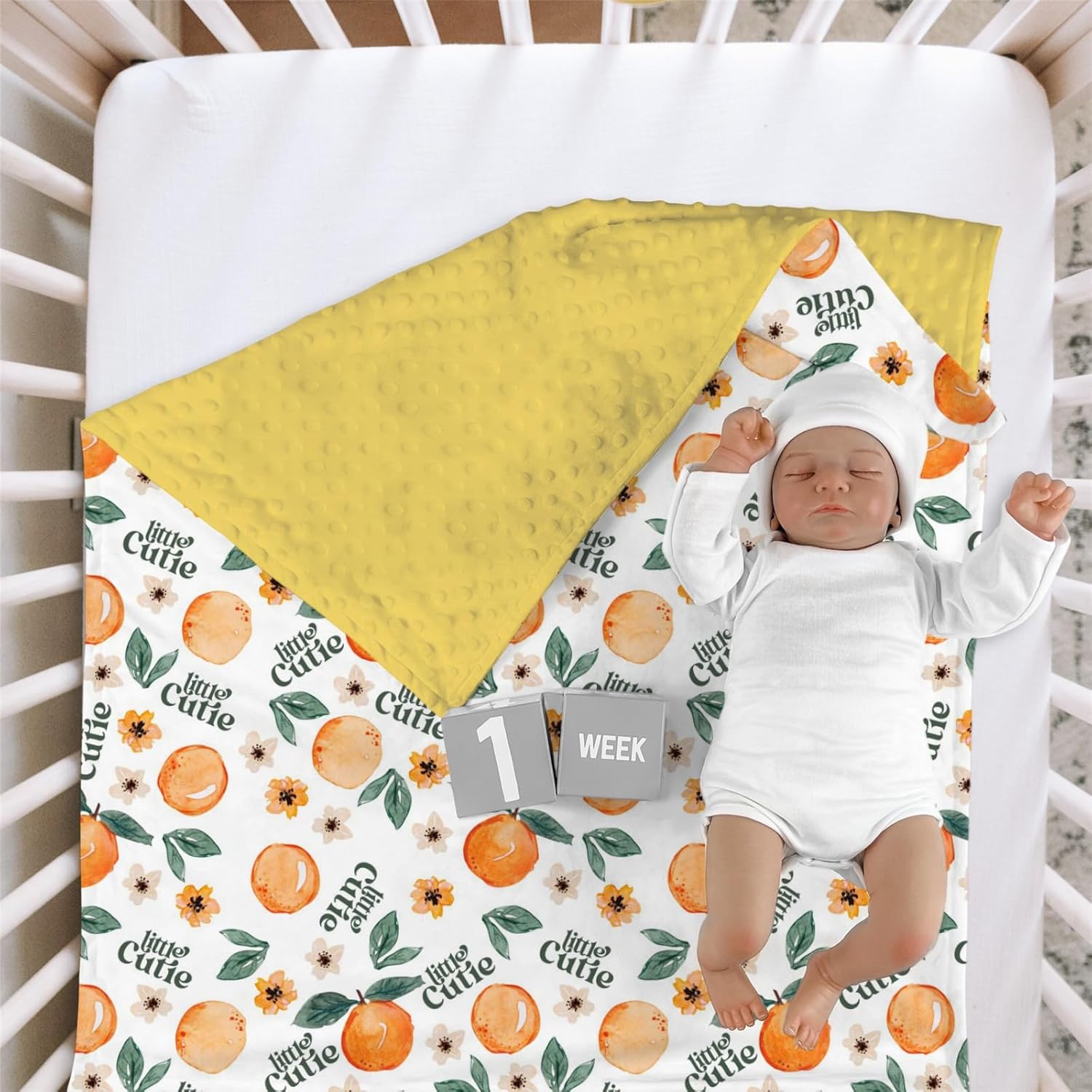 Orange Fruit Floral Mink Baby Blanket with Dotted Backing