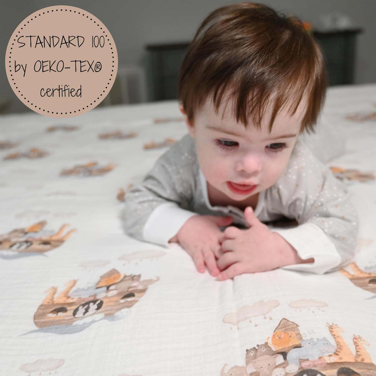 LollyBanks Muslin Swaddle Blanket with Noahs Ark Print