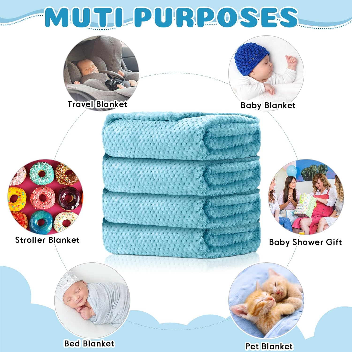 Reginary 4 Pack Waffle Flannel Baby Blankets Light Blue