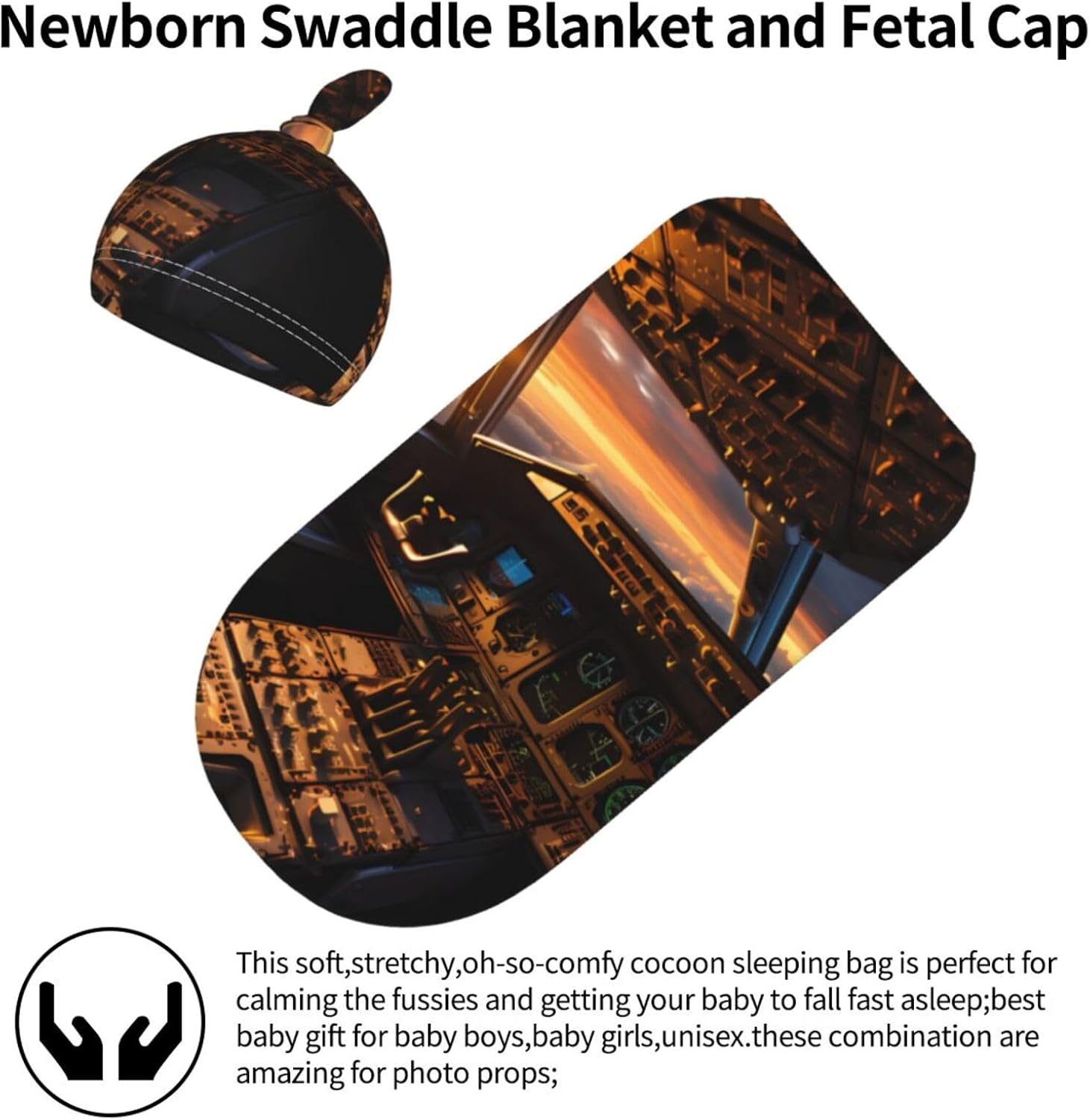 LiuMng Airplane Cockpit Swaddle Blanket Beanie Set for Newborns
