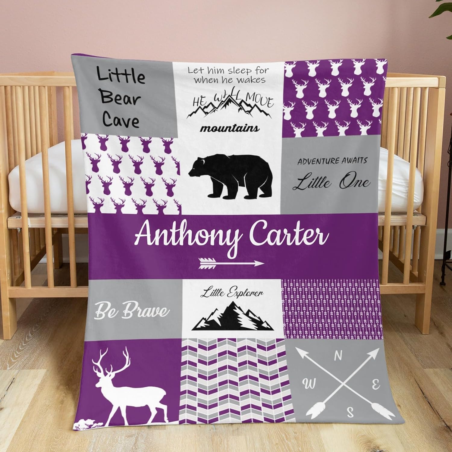 Personalized Baby Blanket for Boys with Name Purple Woodland Design 50x60 Inch