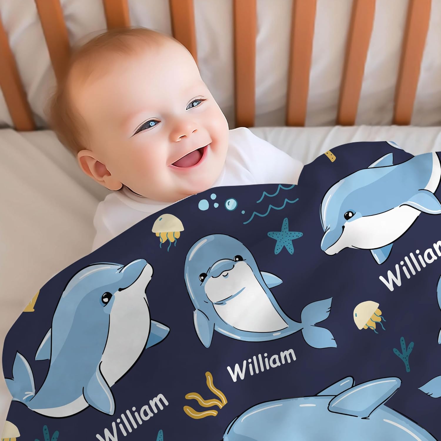 Hyturtle Personalized Baby Blanket - Dolphin Design for Newborns