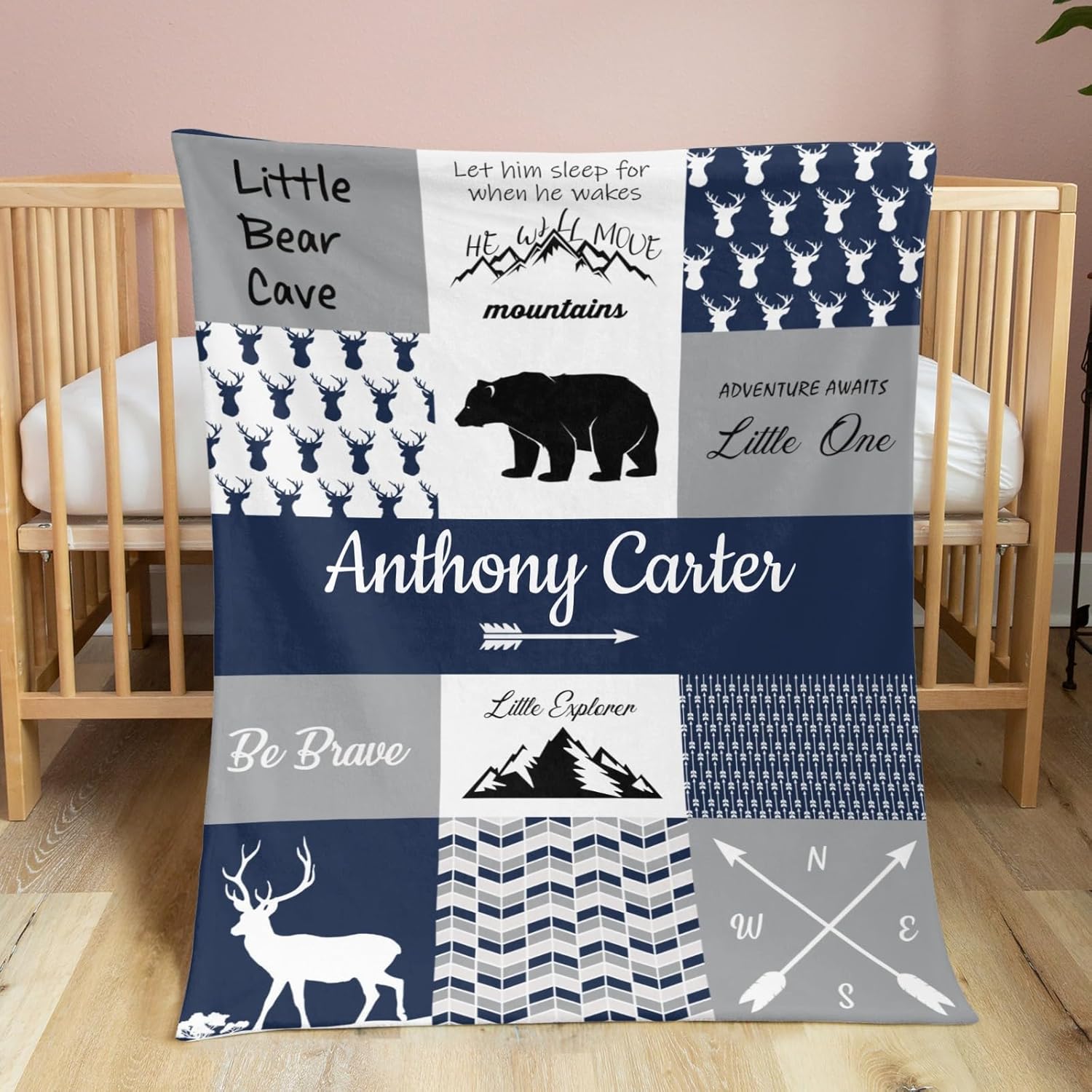 Personalized Baby Blanket for Boys with Name Navy Woodland