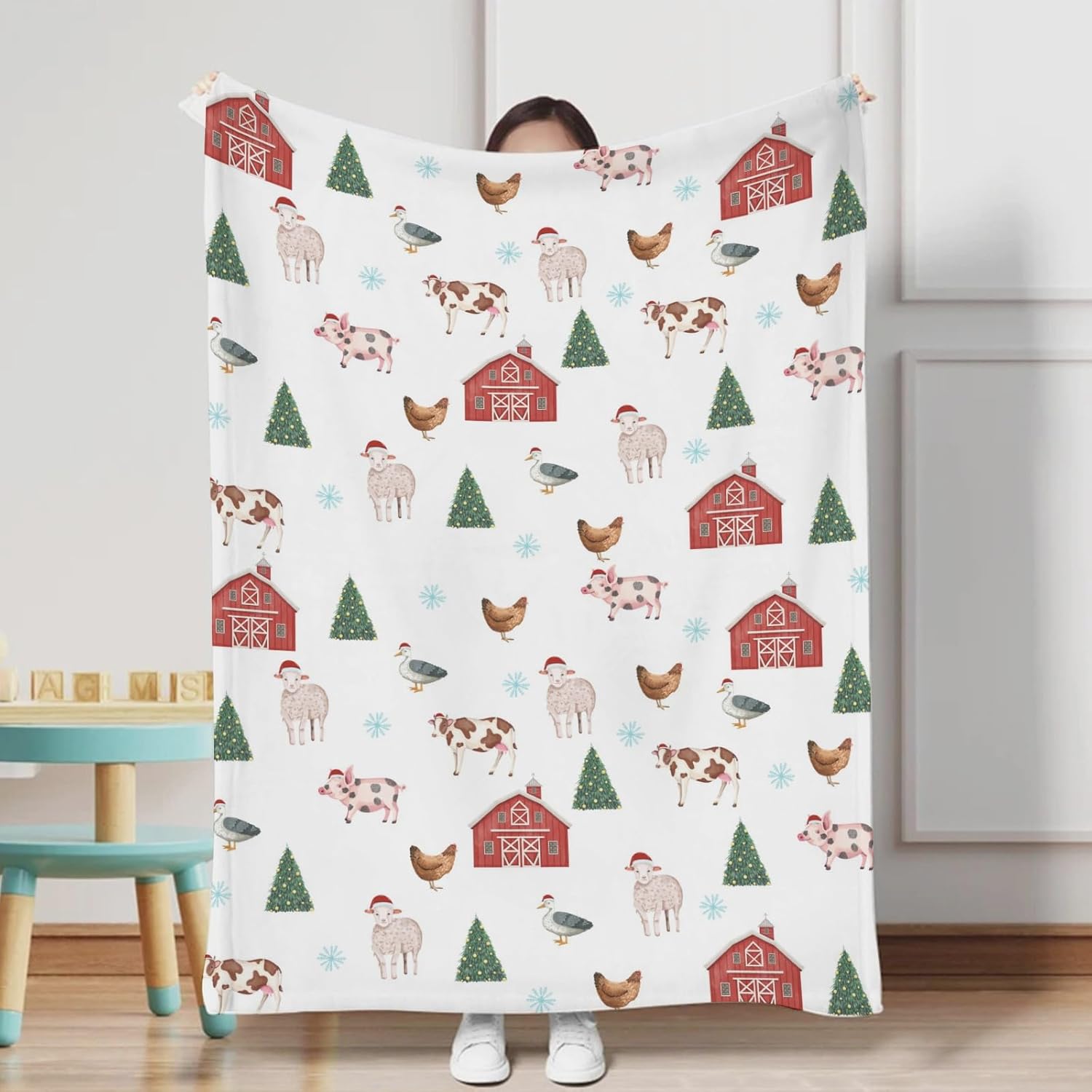 Hwmmbh Christmas Farm Animals Flannel Baby Blanket