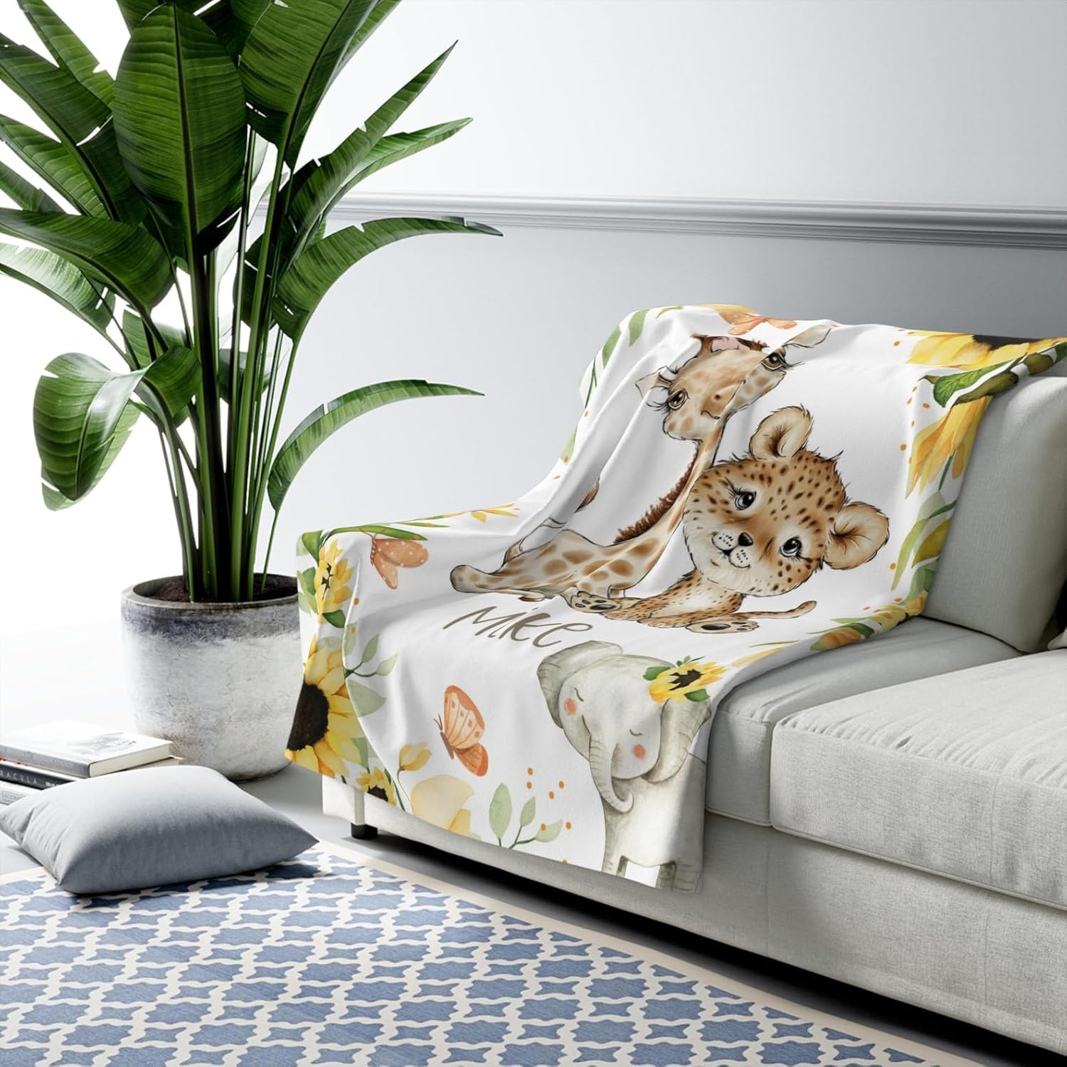Customized Name Baby Blanket with Wild Animals and Flowers
