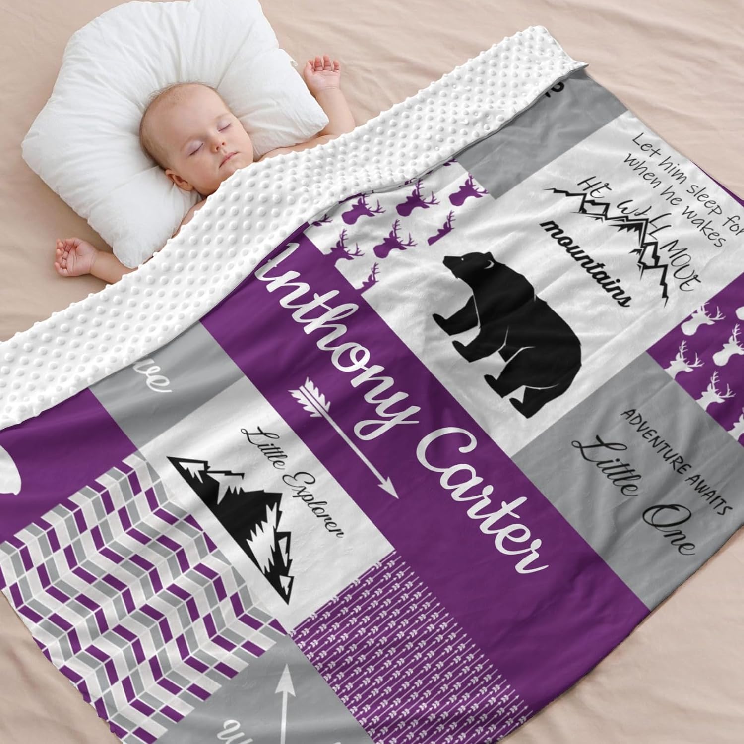 Personalized Baby Blanket for Boys with Name Purple Woodland Design 50x60 Inch