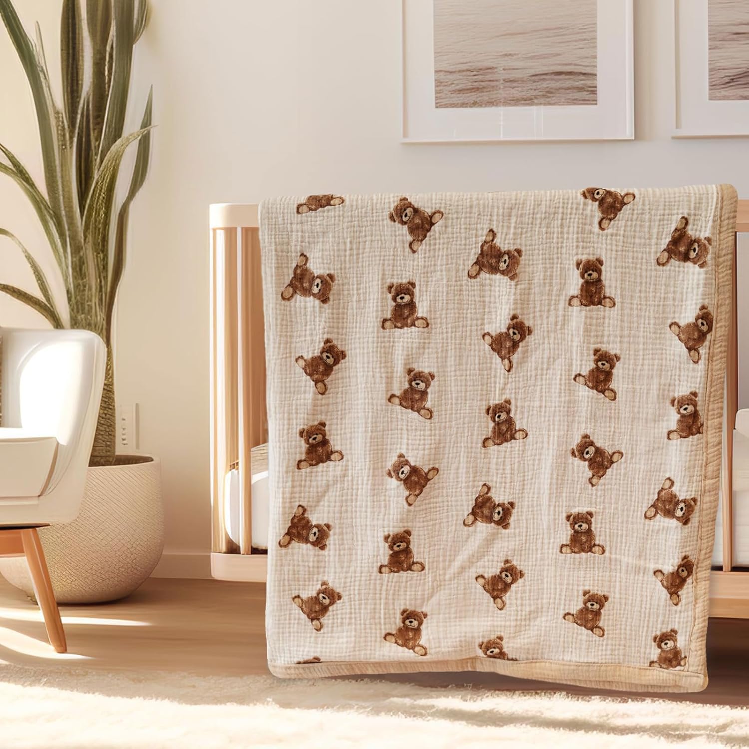 Little Jump 2-Layer Muslin Baby Blanket - Teddy Bear Design 47x47 Inches