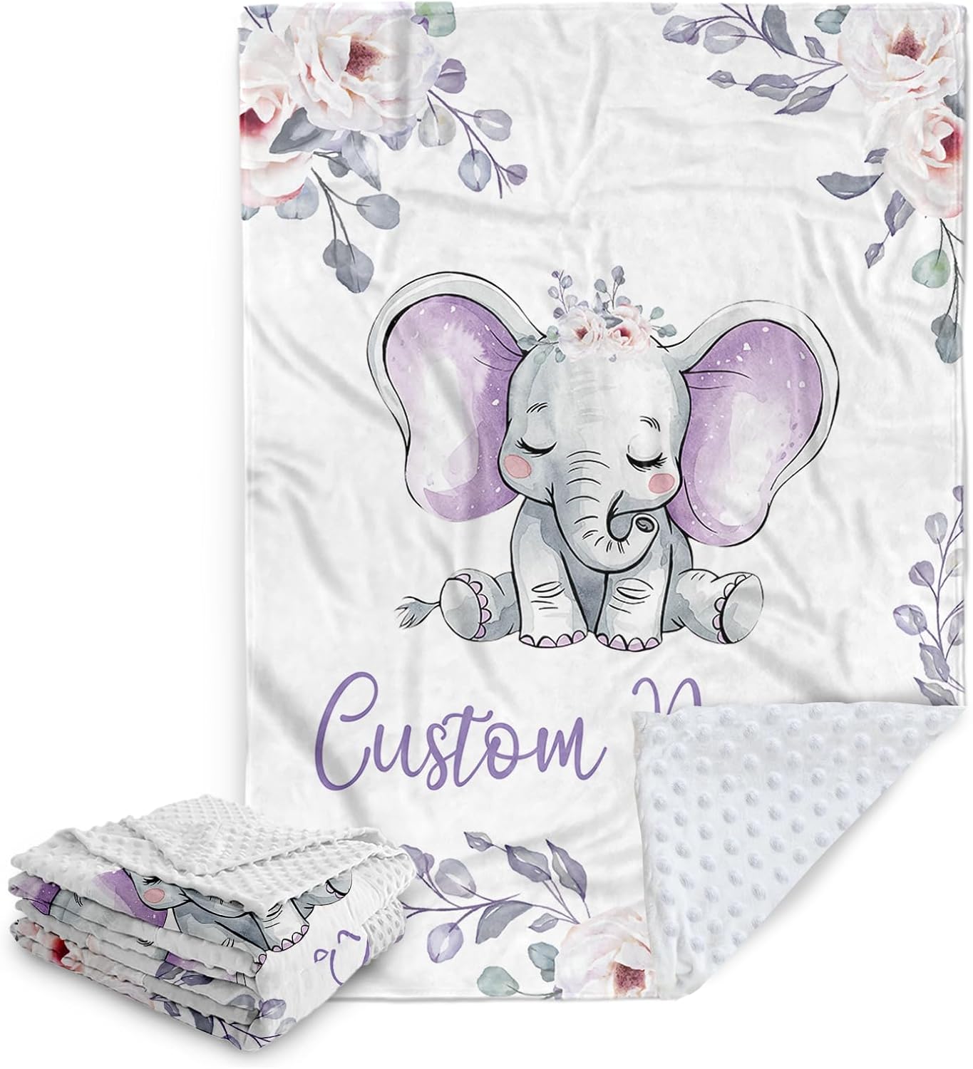 Custom Baby Blanket with Name Purple Elephant Double Layer Dotted Swaddle Blanket