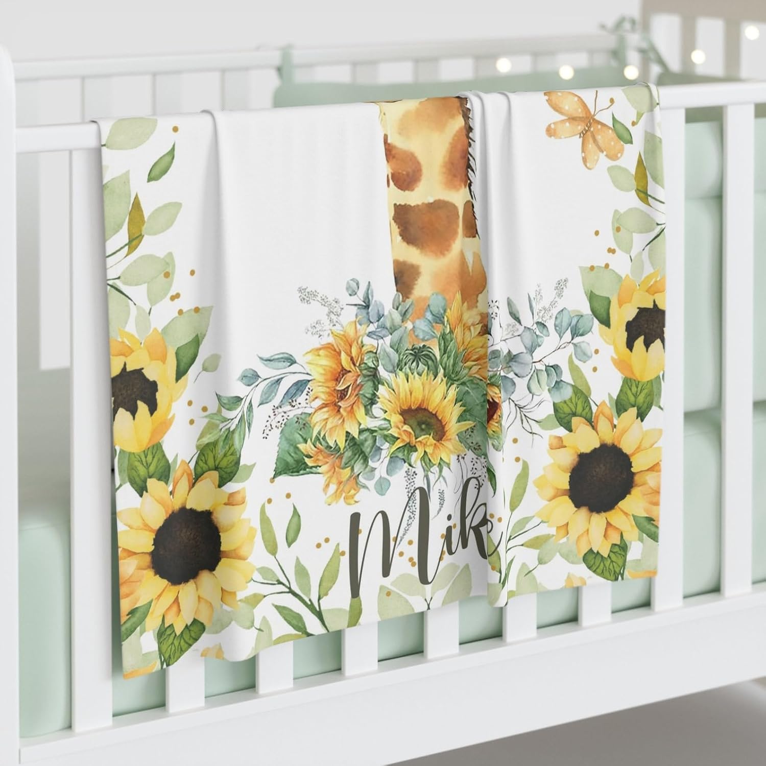 Personalized Fluffy Sherpa Baby Blanket with Sunflower Giraffe Design