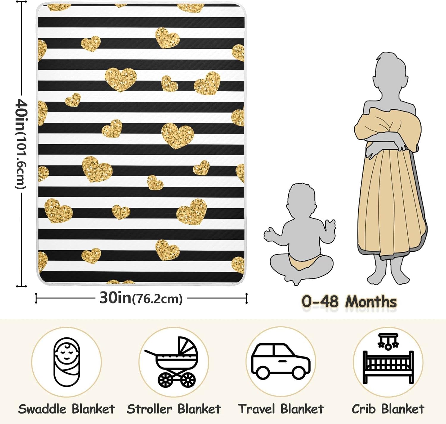 Pigsaly Black White Stripes Toddler Blanket 30x40in Gold Heart Glitter