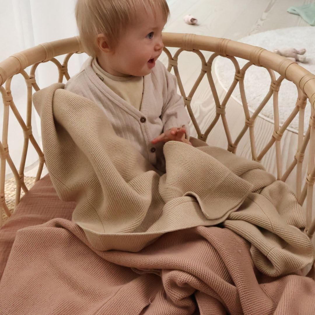 Huxie Knitted Organic Cotton Baby Blanket Swaddle 30x40 Fog