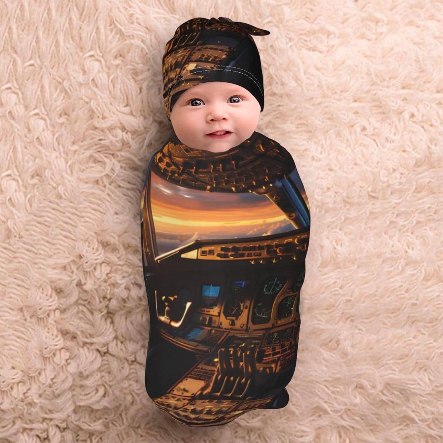 LiuMng Airplane Cockpit Swaddle Blanket Beanie Set for Newborns