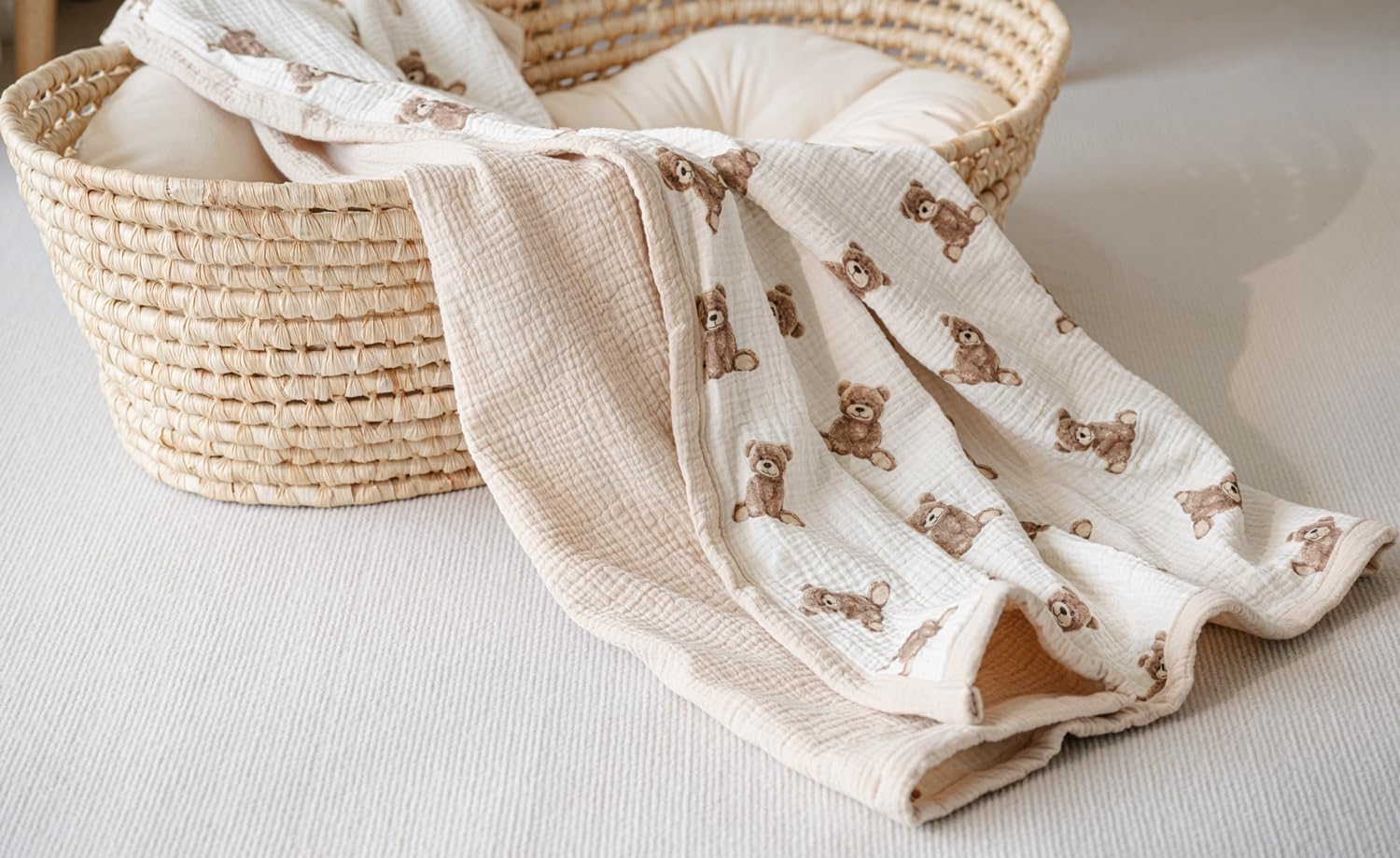 Little Jump 2-Layer Muslin Baby Blanket - Teddy Bear Design 47x47 Inches