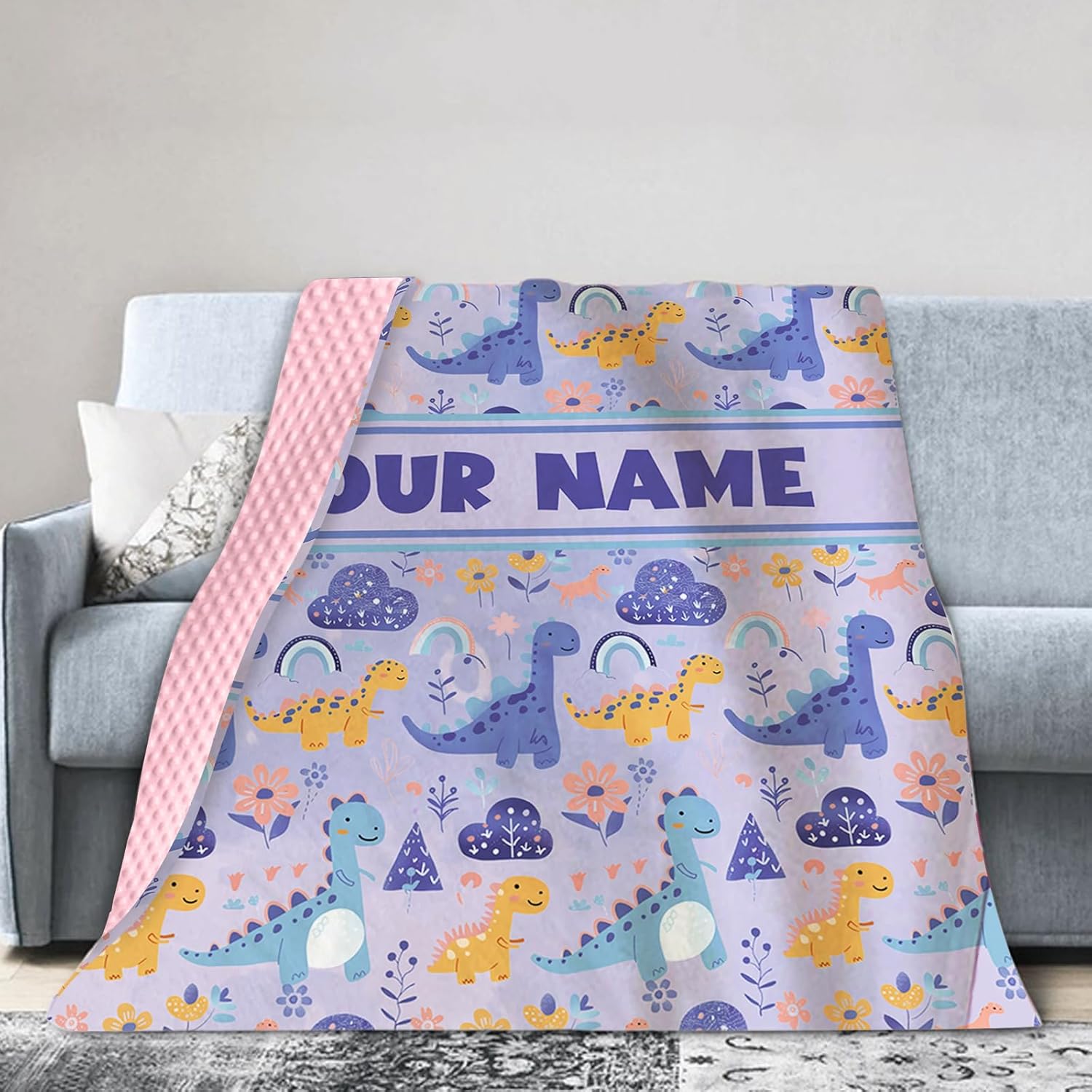 Personalized Baby Blanket for Girls with Purple Dinosaur Pattern