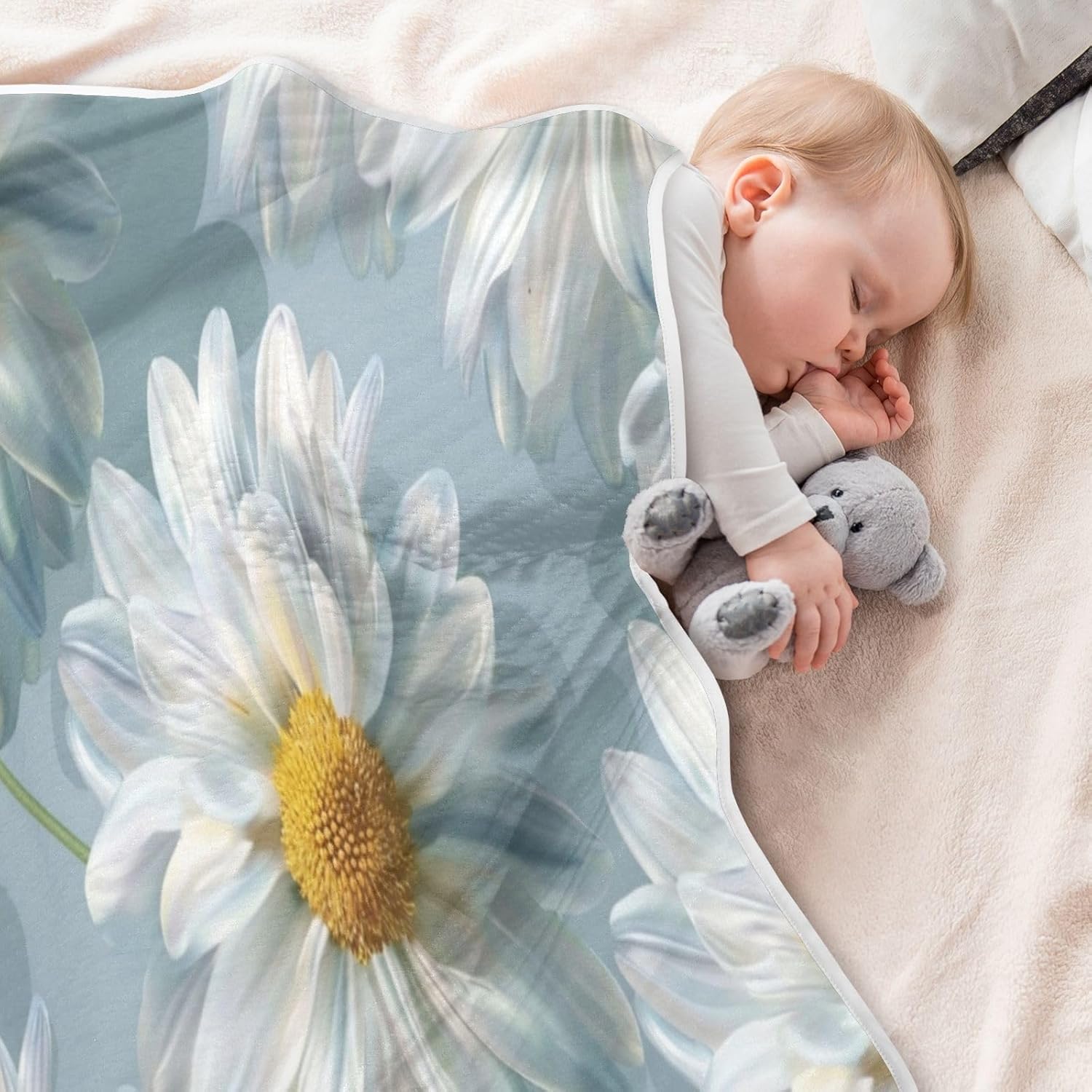 Super Soft Baby Blanket with White Flowers for Boys Girls
