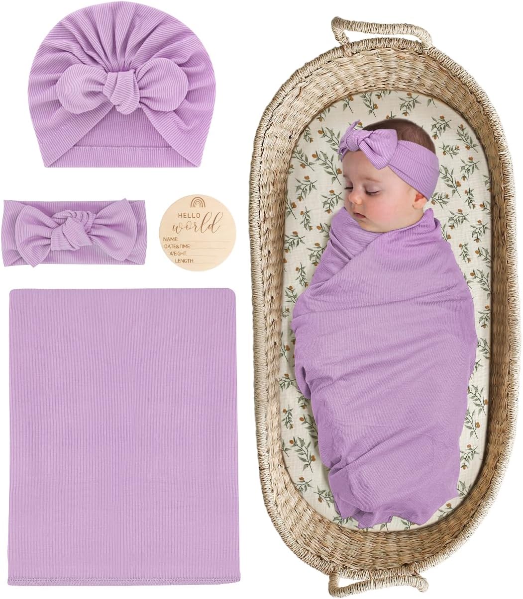 ZURLEFY Stretchy Swaddle Blanket with Matching Hat and Headband Set 1
