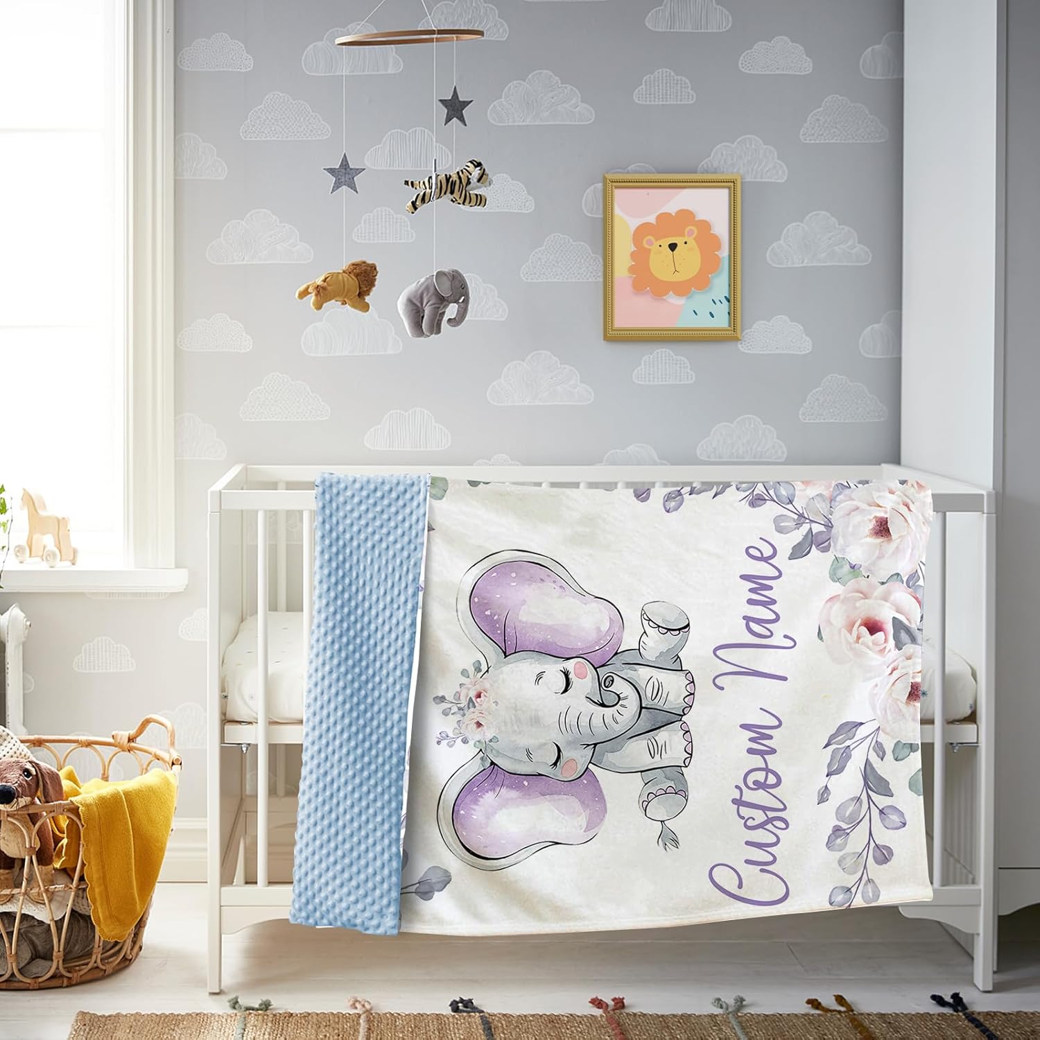 Custom Baby Blanket with Name Purple Elephant Double Layer Dotted Swaddle Blanket