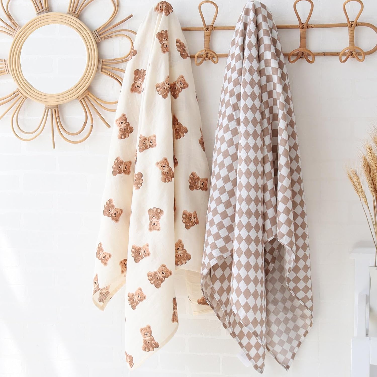 LifeTree Muslin Swaddle Blanket Bear Checkered Design 47x47 Inches
