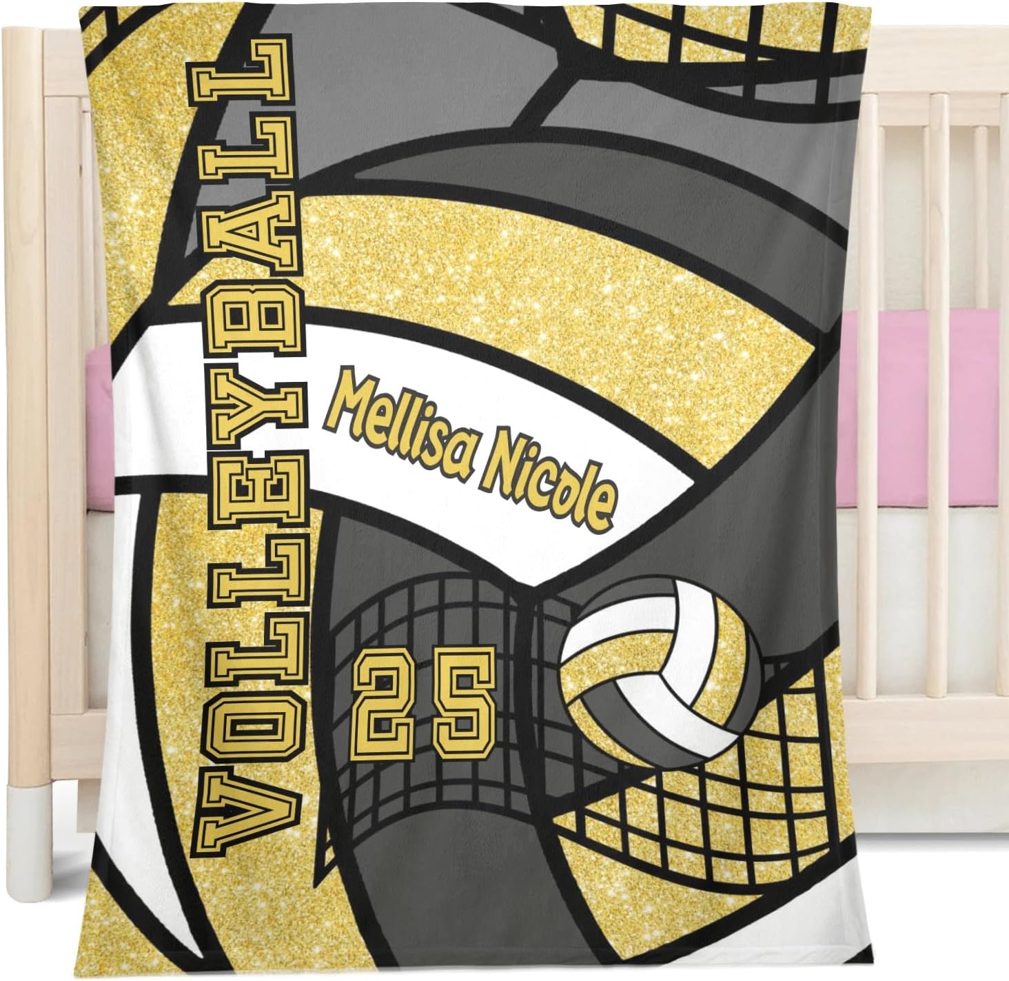 Personalized Baby Blanket - Glitter Yellow Volleyball Design 30x40