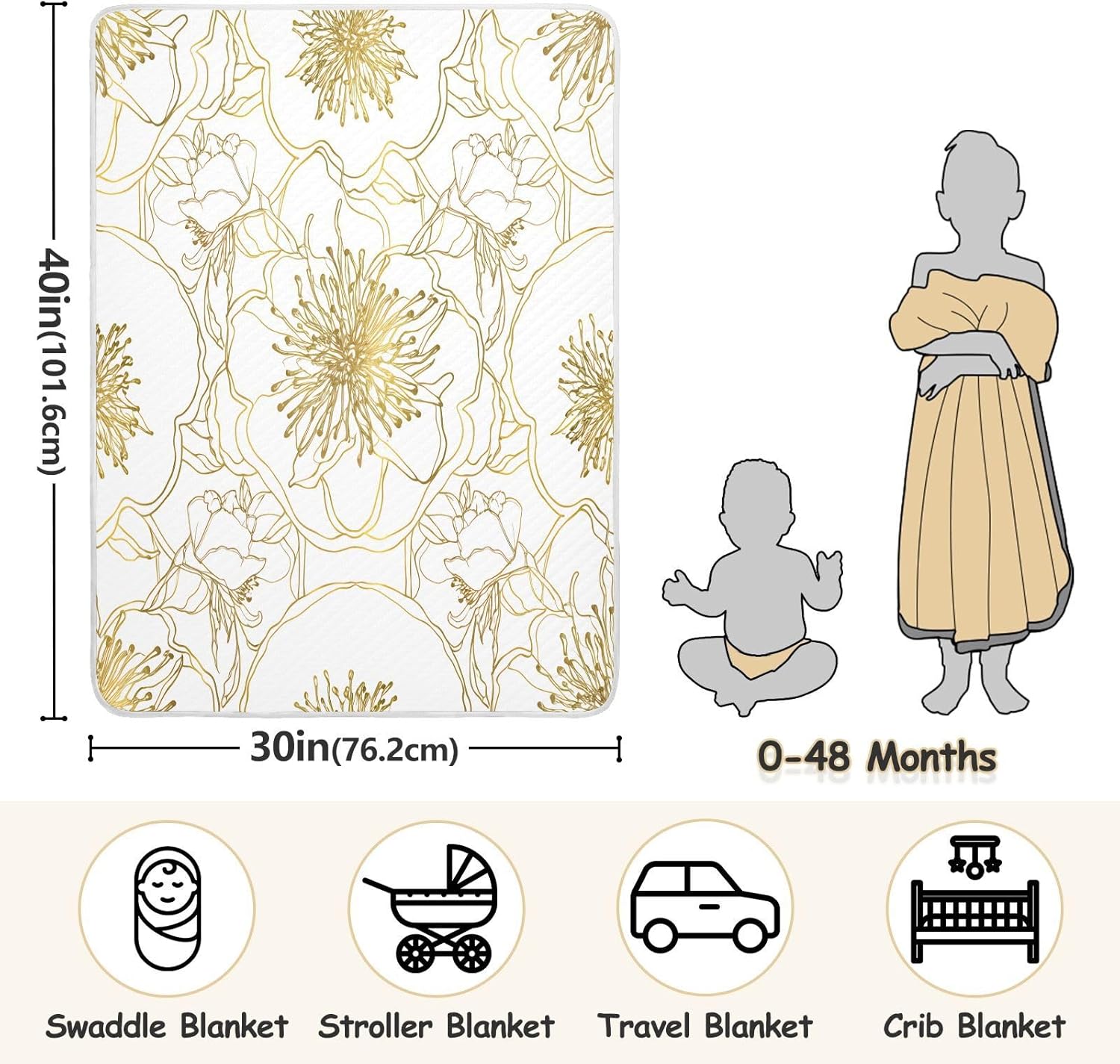 Wassud Elegant Flowers Gold Baby Blanket for Boys Girls